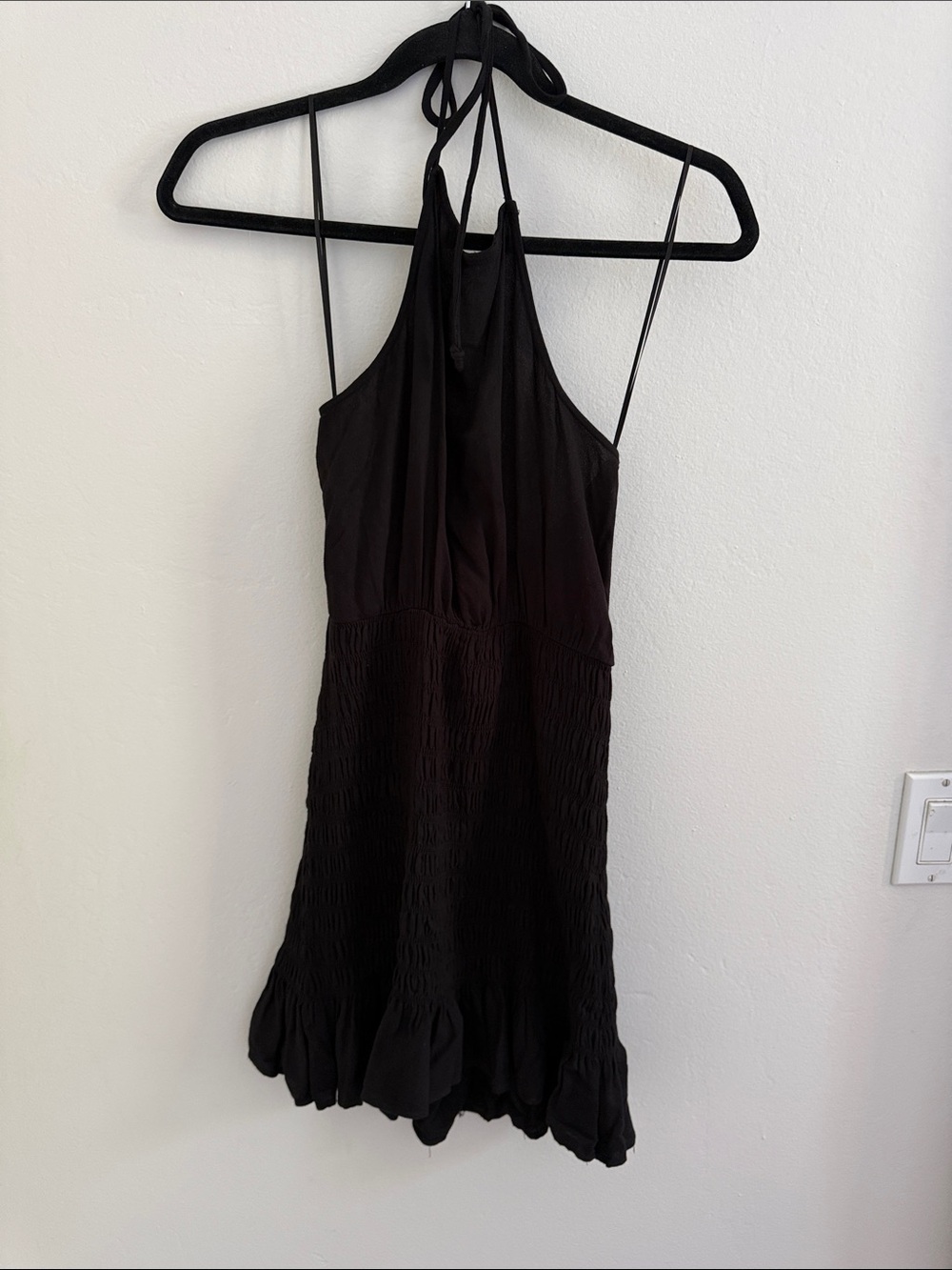 Cotton Candy Black Halter Smocked Mini Dress with Ruffled Hem